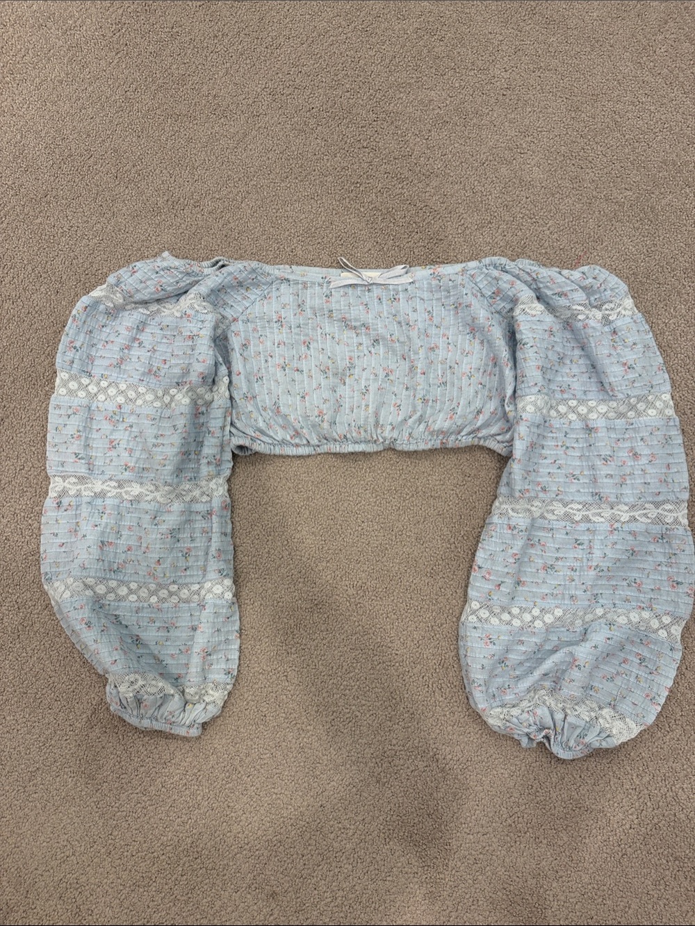 LoveShackFancy Light Blue Floral Ribbed Crop Top with Bow